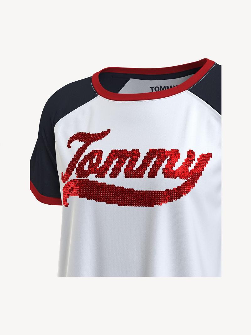 Női Tommy Hilfiger Tommy Sequin Baseball Póló Fehér Színes | HU 484VRW